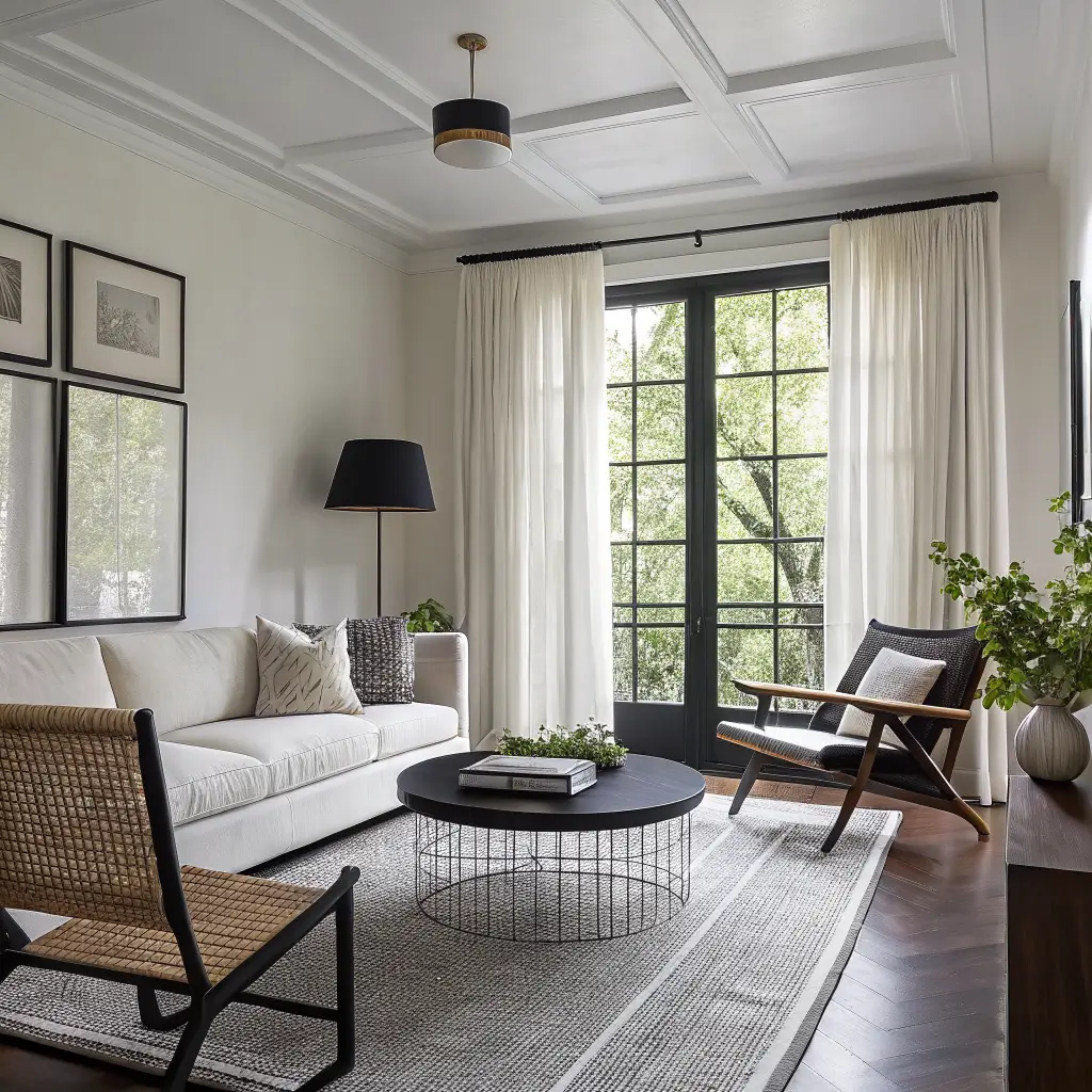 Wide-angle view of a small living room with black grounding elements—black-and-white rug, matte black steel coffee table, black chair—set against white walls and curtains, with a cream sofa, walnut side table, grey ceramic lamp, and black-framed windows in afternoon light.