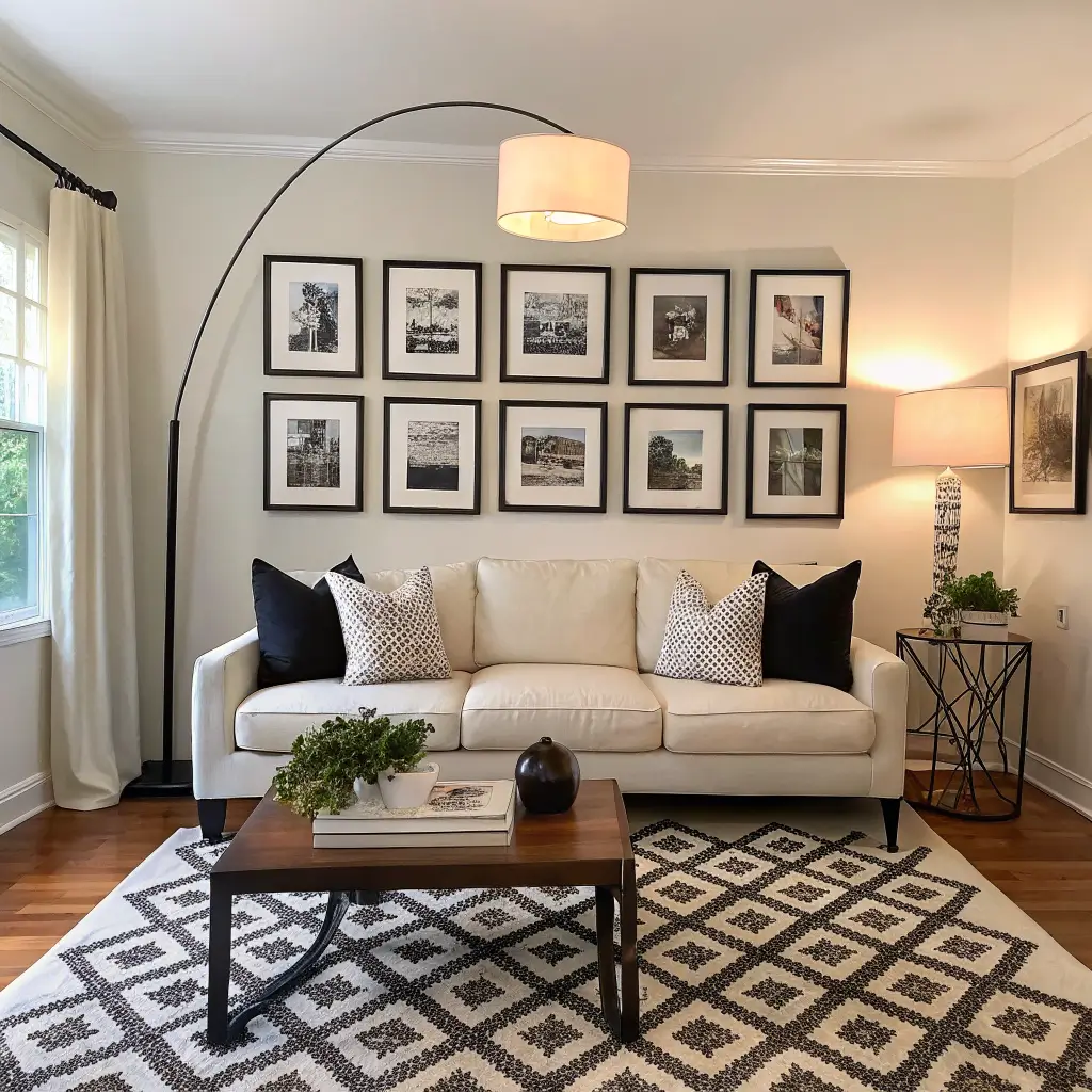 Symmetrical living room with nine-frame black-and-white photo gallery wall above a cream linen sofa, walnut floors, black-and-white rug, arc floor lamp, and minimalist walnut coffee table in soft afternoon light.