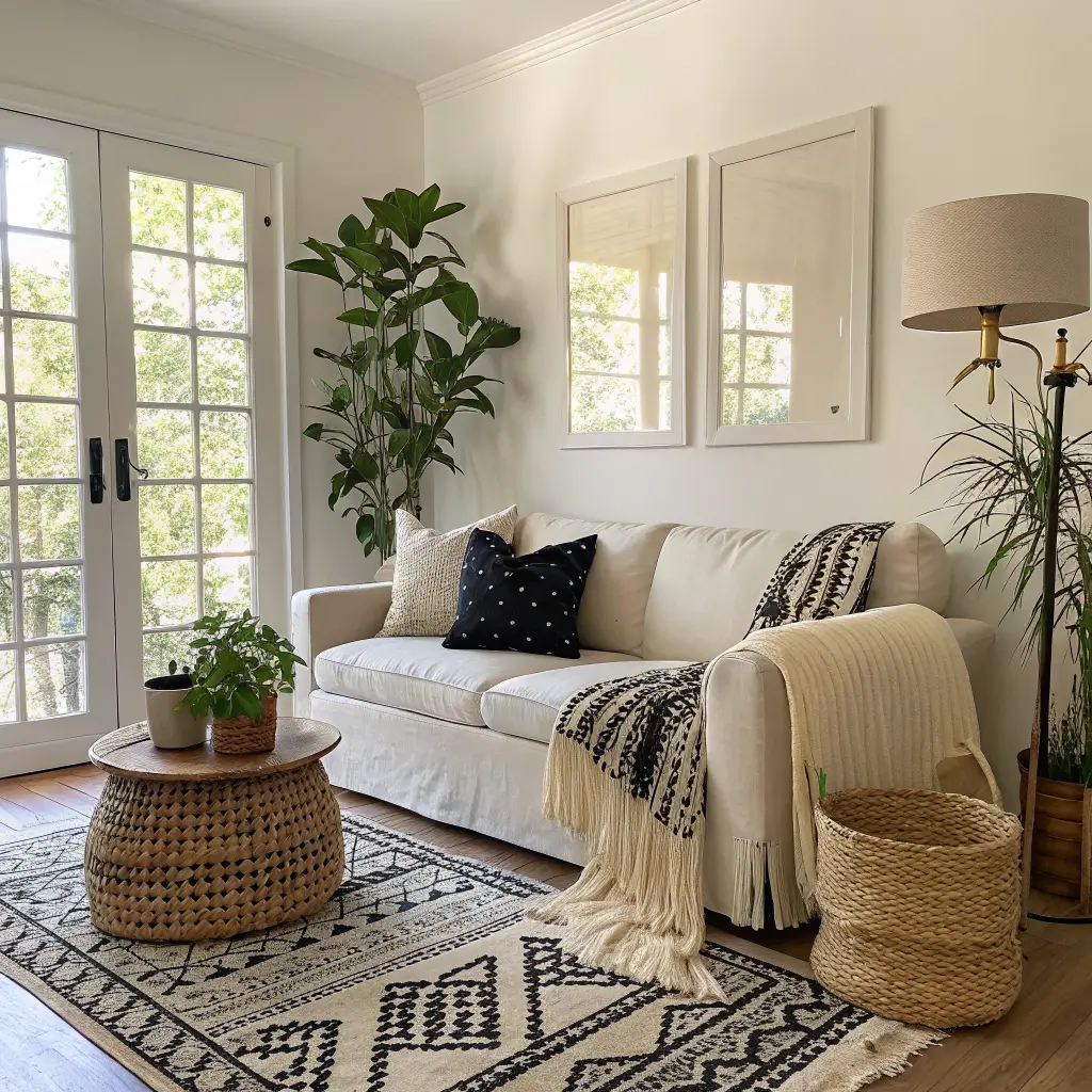 Boho monochrome living room with cream linen sofa, black-and-white kilim rug, rattan coffee table with pampas, greenery, and warm morning light.