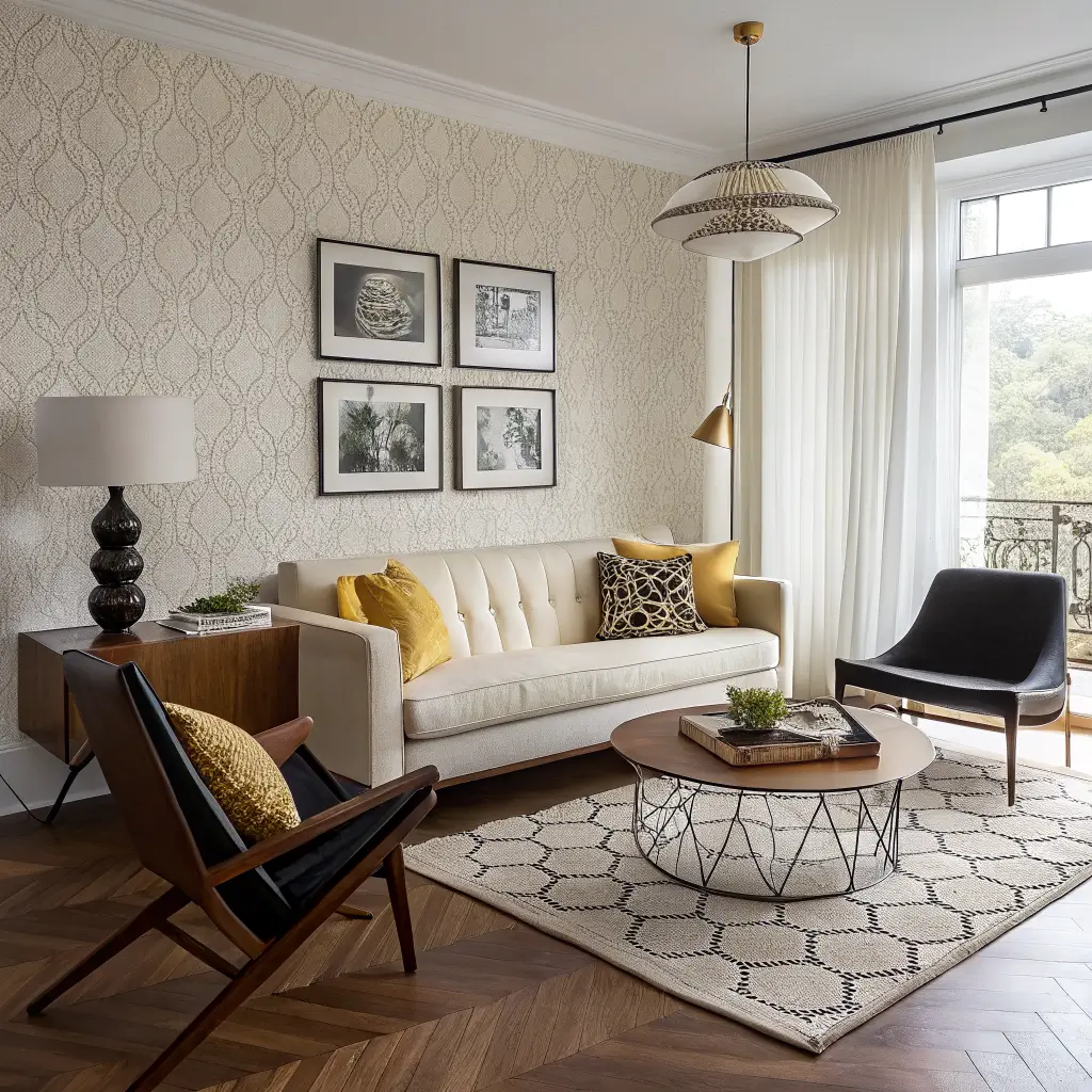 Mid-century living room with cream sofa, walnut herringbone floors, geometric rug and art, black sling chair, and warm golden-hour lighting.