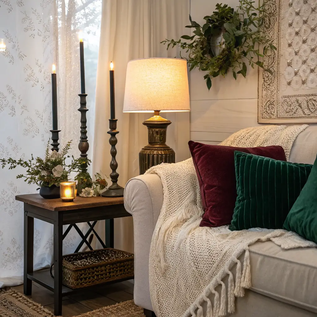Moody winter dusk living room corner with cream sofa, emerald and burgundy pillows, ivory knit throw, walnut side table with glowing black taper candles, black lamp, eucalyptus in matte black vase, black-framed art, and geometric rug.