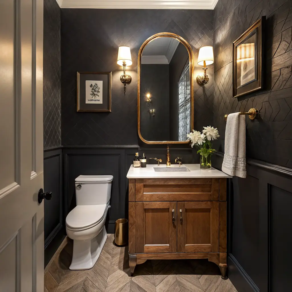 Photorealistic moody black powder room with brass sconce and arched mirror above a floating walnut vanity, black faucet, orchid in smoked glass vase, and charcoal-and-cream hex marble floor at dusk.