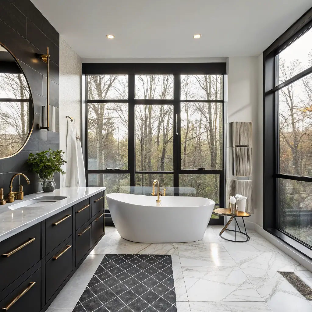 Wide photorealistic black ensuite showroom with four bathroom vignettes, walnut bench, freestanding tub, grid shower screen, checkerboard floor, and soft daylight.