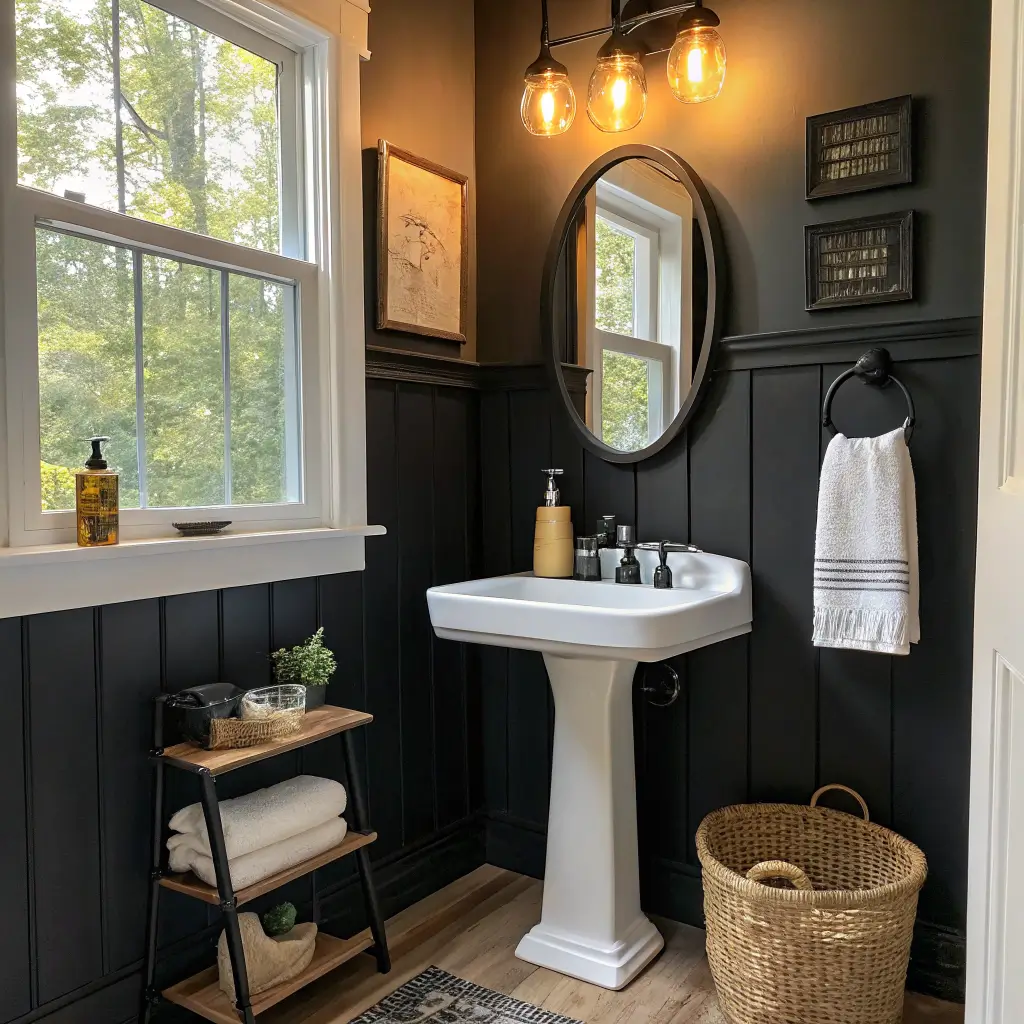 Photorealistic small black powder room with white pedestal sink, matte black mirror and faucet, warm golden-hour window light, brass accents, and cozy towels and baskets.