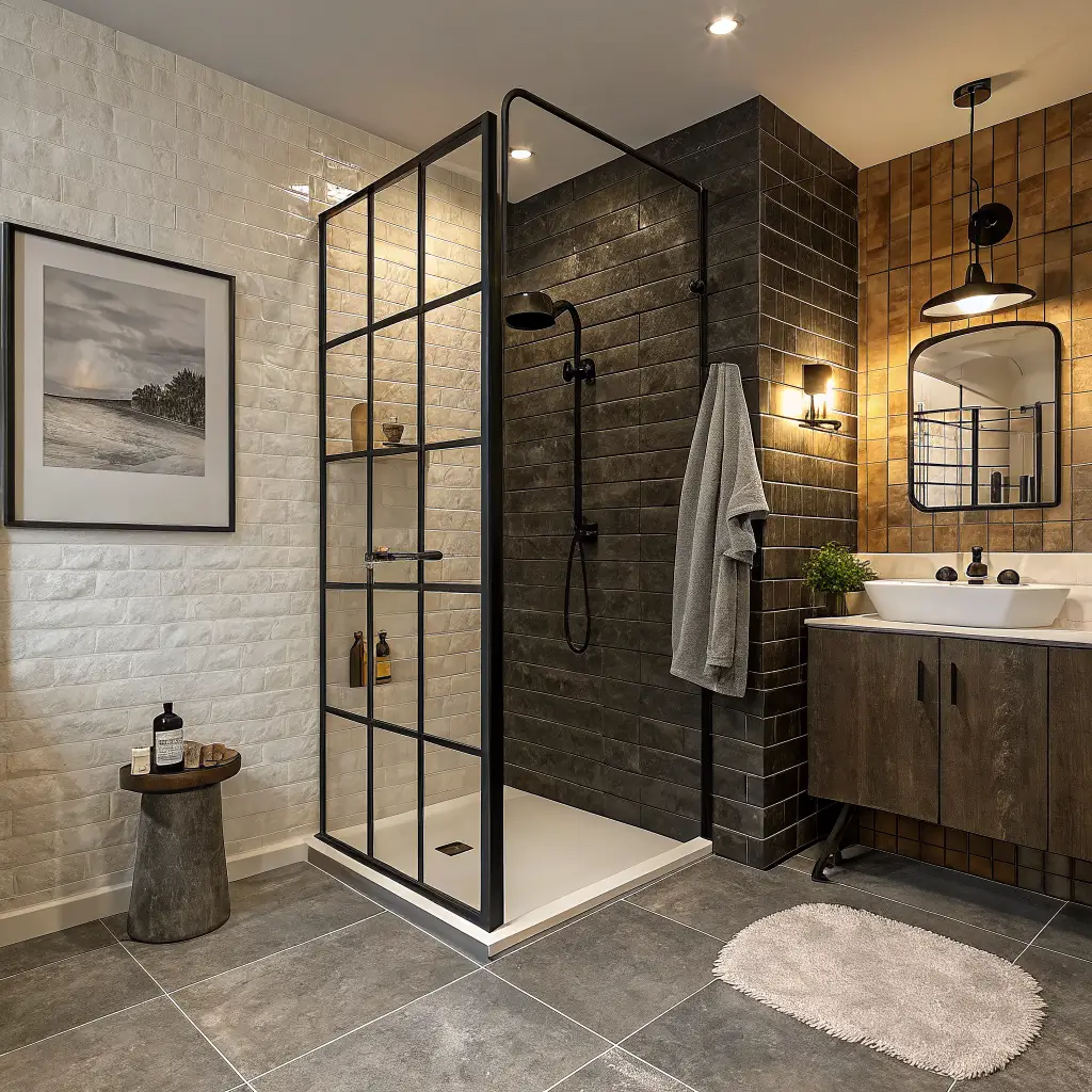 Photorealistic ensuite bathroom with black-grid shower screen, glossy black subway-tile walk-in shower, matte black fixtures, towel warmer with charcoal towel, stone-look floor, walnut floating vanity with quartz top, and warm brass sconce lighting.