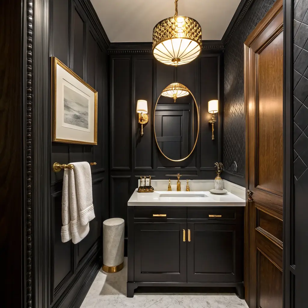 Photorealistic windowless black powder room at night with brass pendant lighting, round brass mirror, black vanity with white marble top, and matte black faucet in a symmetrical composition.