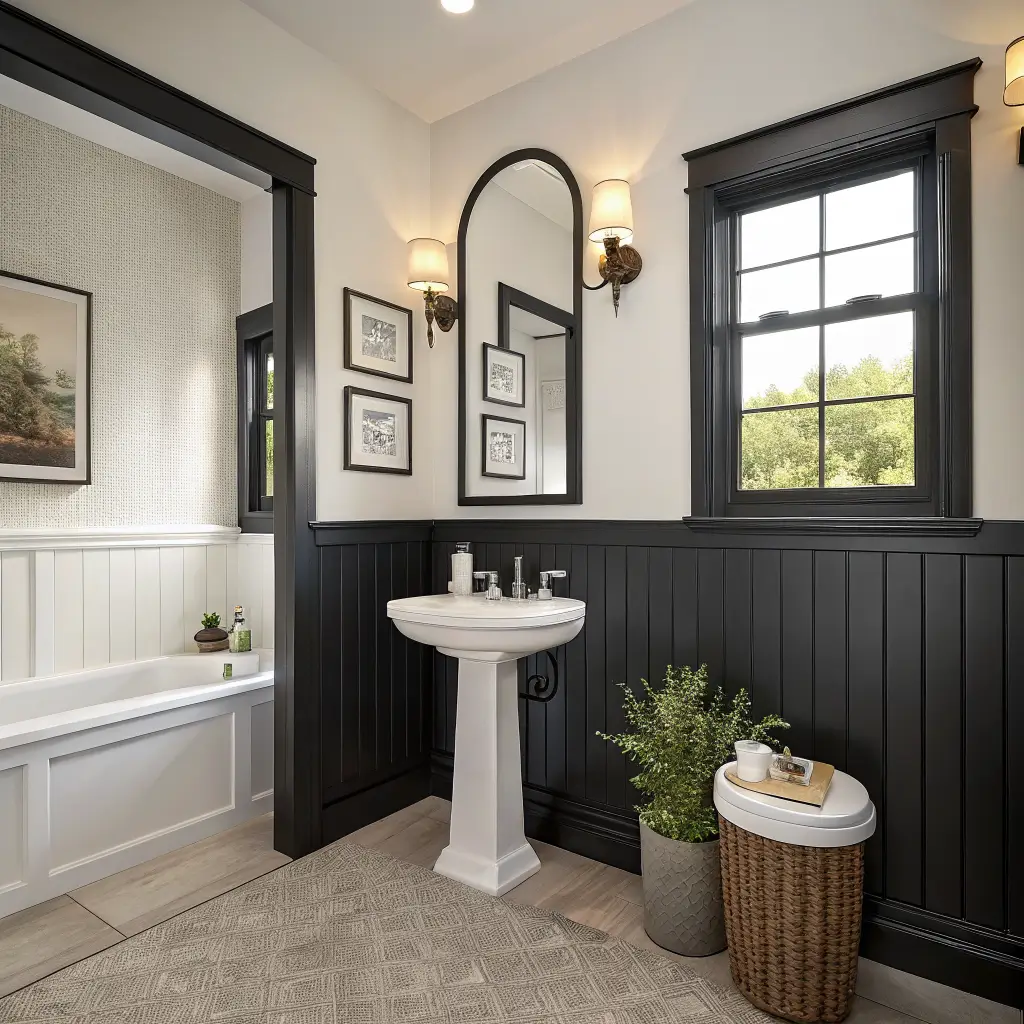 Photorealistic small windowless bathroom with black beadboard wainscoting, warm white walls, arched black-framed mirror, pedestal sink with matte black faucet, brass sconces, walnut shelf with towel and pothos, and grey stone-look floor.