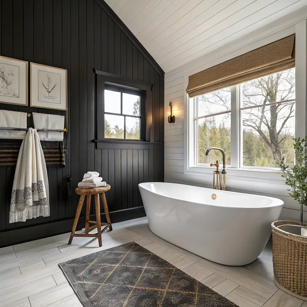 Photorealistic ensuite bathroom with black shiplap lower walls and warm off-white upper plaster, centered white freestanding tub with brass floor-mounted filler, walnut stool with charcoal towel and candle, mid-tone porcelain floor in soft late-afternoon light.