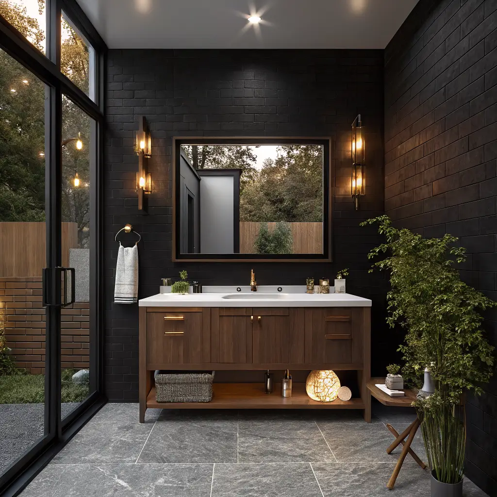 Photorealistic off-black bathroom at dusk with warm walnut floating vanity and marble top, brass sconces flanking a black-framed mirror, recessed ceiling pinlight, and amber under-vanity LED glow on textured stone floor.