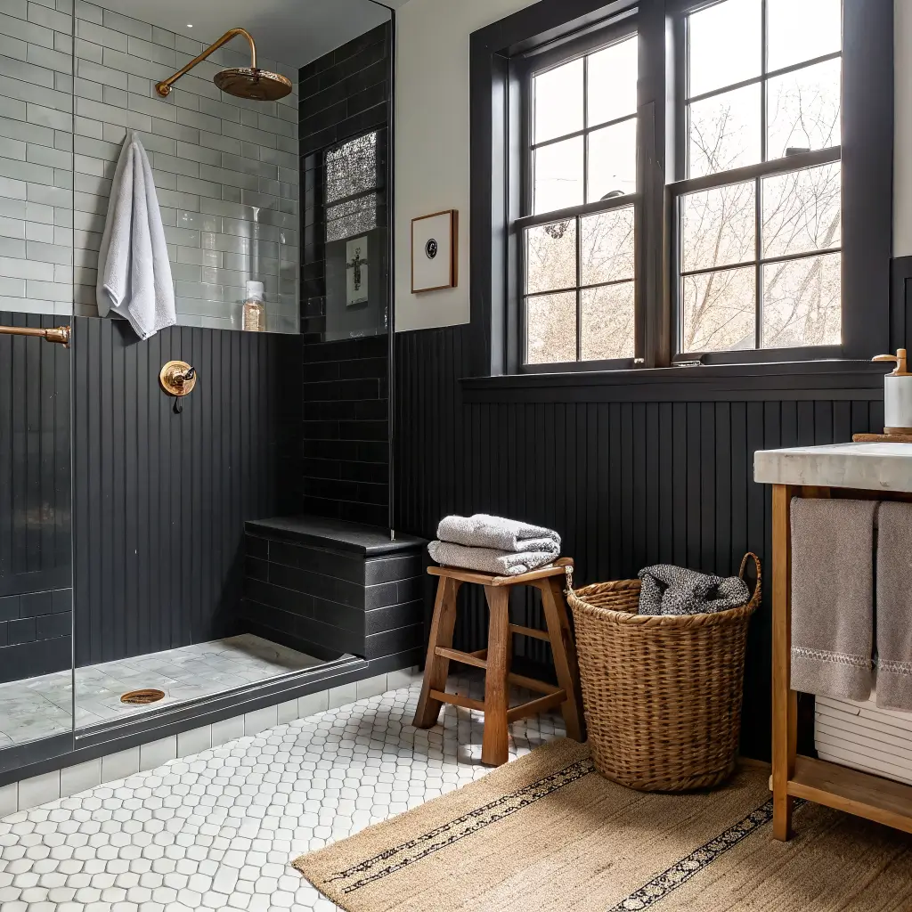 Photorealistic black bathroom with matte beadboard walls, glossy subway-tile shower behind glass, brass fixtures, walnut stool with charcoal towels, frosted window with linen shade, and stone-look charcoal floor in mixed warm and cool morning light.