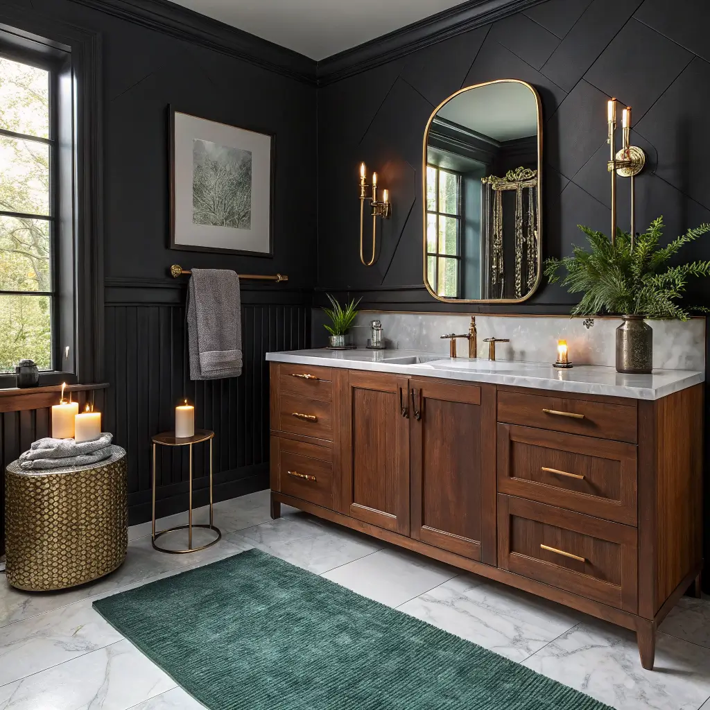 Photorealistic winter-styled black bathroom with walnut floating vanity, marble top, brass mirror, burgundy towels, emerald bath mat, and lit candles glowing warmly.