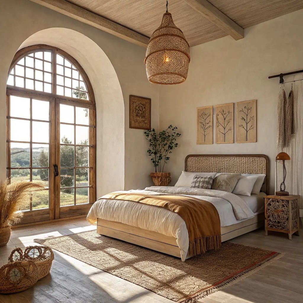 Photorealistic boho primary bedroom at golden hour with arched window light, low linen-dressed platform bed, rattan pendant casting shadows, layered sand and terracotta rugs, macramé wall hanging, and trailing pothos on a brass side table.