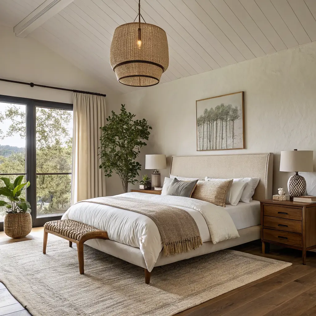 Low-angle photorealistic modern boho bedroom corner with oversized cream linen pendant over a walnut bed, boucle bench, cane nightstand with brass lamp, oak floors, and gauzy curtain backlit by late-afternoon sun.