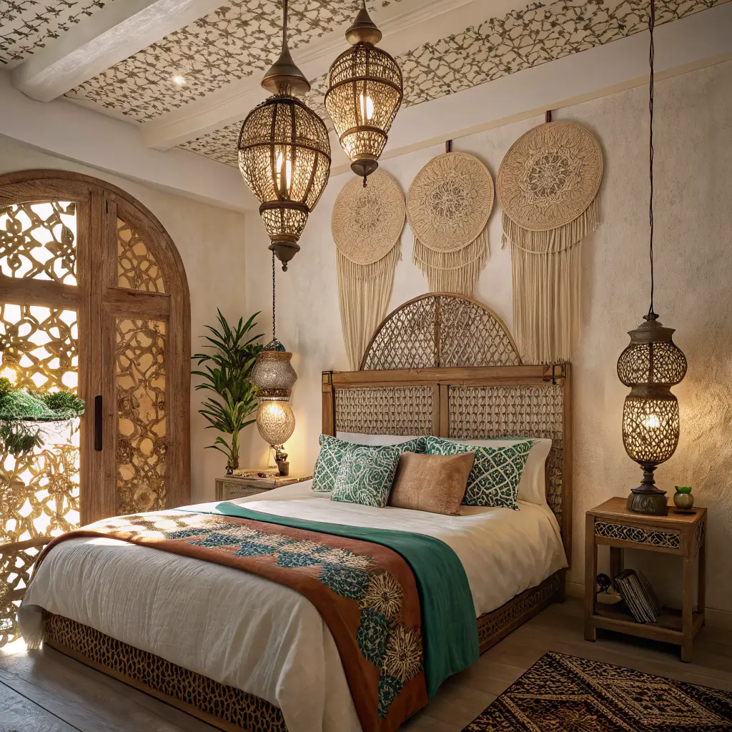 Overhead view of a vintage global boho bedroom at dusk with five hanging Moroccan brass lanterns casting star and lattice shadows over a rattan headboard and kilim-dressed bed in warm cream, terracotta, and muted teal.