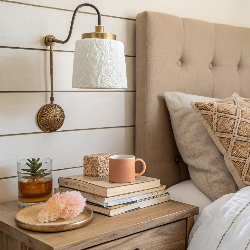 Photorealistic boho bedside close-up with brass wall sconce, caned nightstand holding salt lamp, books, amber tumbler and mug, softly lit by window and warm sconce glow.