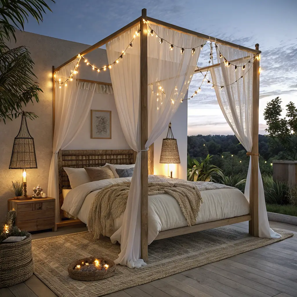 Photorealistic wide shot of a modern boho canopy bed with warm fairy lights on an oak frame, sheer cream linen drapes, layered cream and camel bedding, and rattan lamps glowing at blue hour.