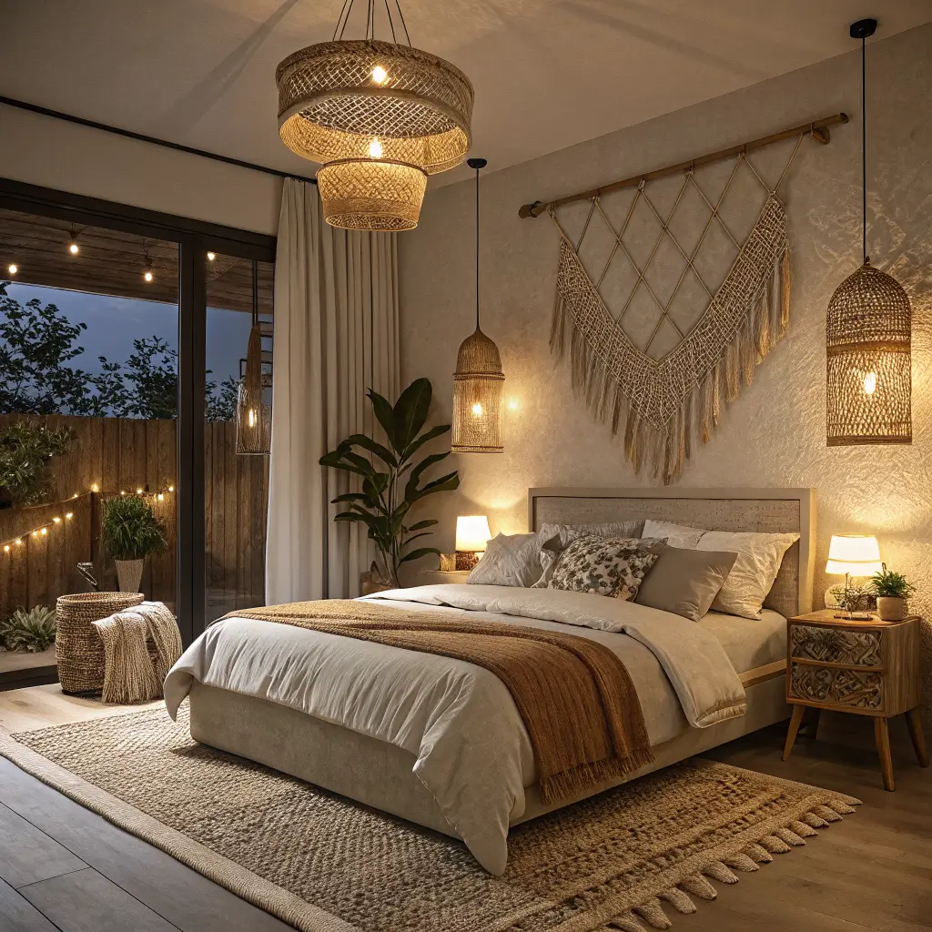 Boho bedroom at night lit by matching 2700K warm lamps—rattan pendant, linen table lamps, brass sconce, and fairy lights—creating a cohesive honey-toned scene.