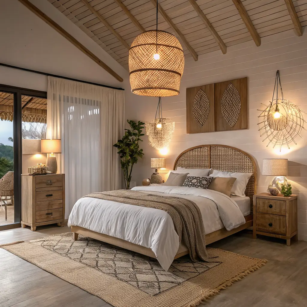 Photorealistic boho bedroom corner view at evening with layered warm lighting: dim rattan pendant over oat linen bed, glowing caned bedside lamps, fairy lights, salt lamp, and floor paper lanterns in cream and camel tones.