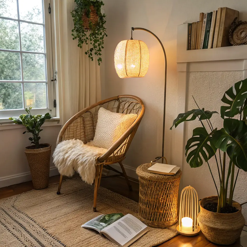 Photorealistic boho bedroom reading nook with caned armchair, sheepskin and boucle cushion, glowing paper lanterns, arched rattan floor lamp, trailing plant on book side table, and brass tray with amber glass in warm late-afternoon light.