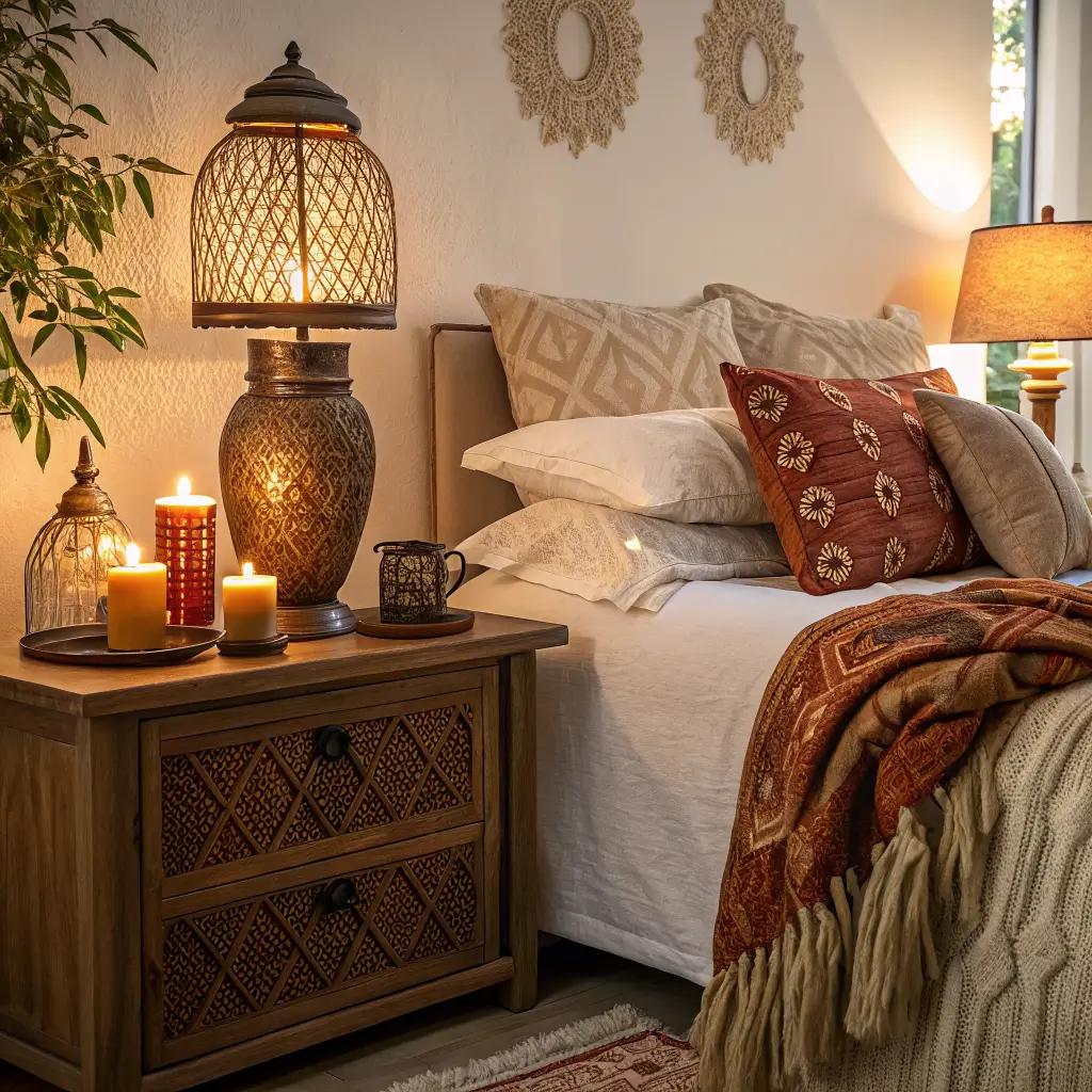 Boho bedroom in autumn light with amber-lit linen lamps, brass Moroccan lanterns on dresser, and bed layered in rust wool and cream linen in soft background.