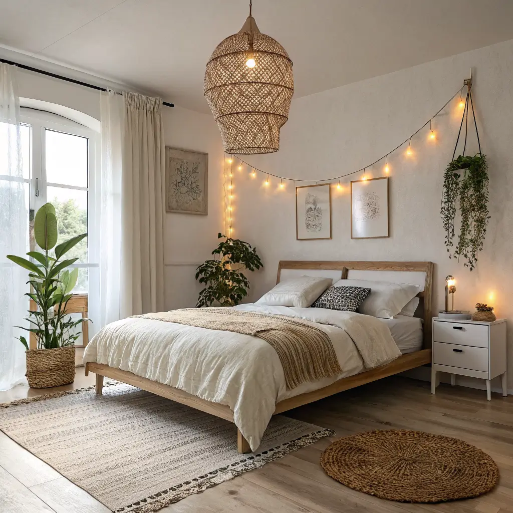 Photorealistic small boho bedroom with platform bed in cream linen, rattan pendant, fairy lights, salt lamp on wood nightstand, pothos, macramé wall hanging, and jute rug in warm morning light.