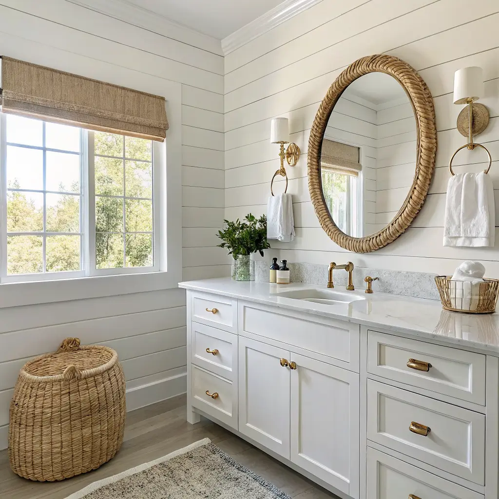 Sunlit coastal bathroom with white shiplap walls, Carrara marble vanity, round oak mirror, brass rope sconces, and seagrass basket with towels.