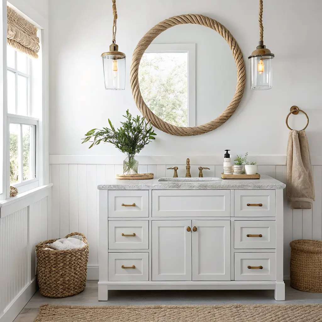 Nantucket-style bathroom with white shaker vanity, marble top, rope-framed round mirror, rattan pendant, brass faucet, and jute runner in soft morning light.