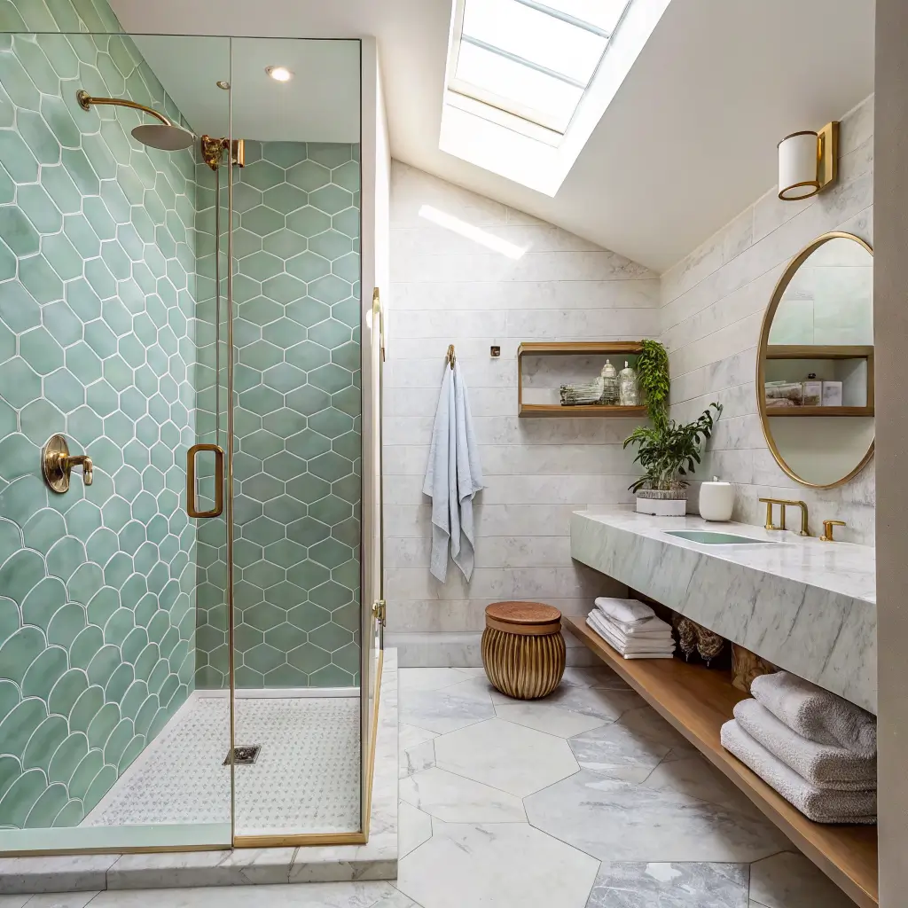 Modern coastal bathroom with seafoam fish-scale tiled shower niche, marble bench, brass rainfall shower, frameless glass, and pale oak shelf with towels and pothos in soft skylight.
