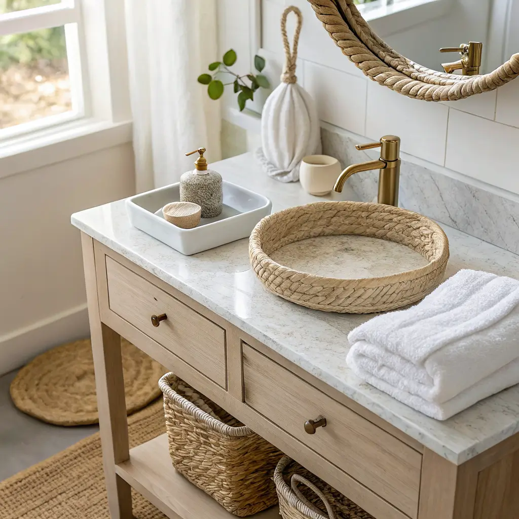 Coastal bathroom vanity close-up with honed marble top, seagrass tray, soap dispenser, linen towel, brass faucet, and oak mirror in warm afternoon light.