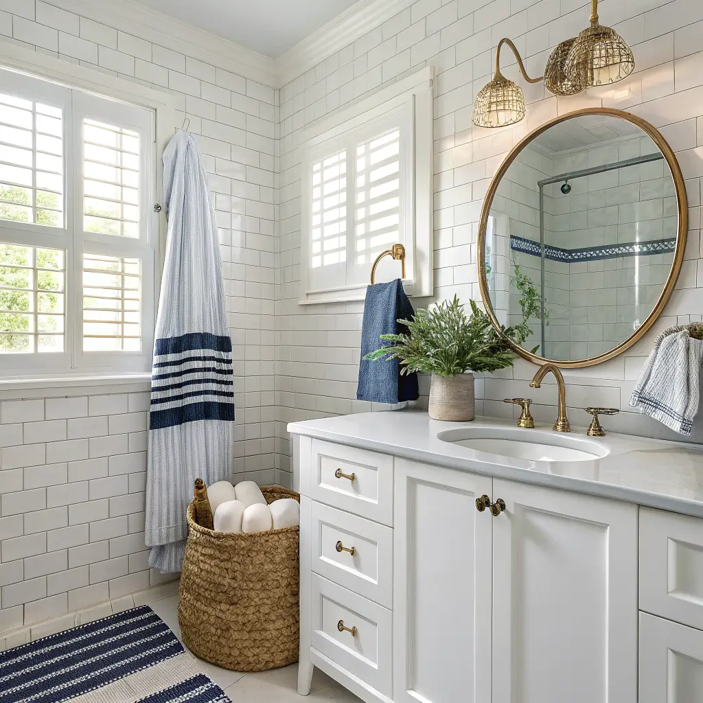 Blue-and-white Hamptons coastal bathroom with white subway tile, navy towel accents, brass fixtures, shaker vanity, rope-framed mirror, and morning light through plantation shutters.