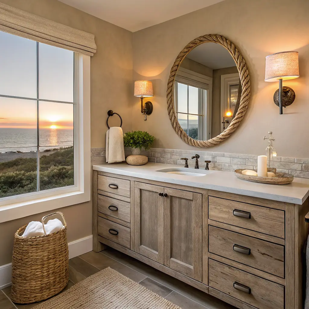 Warm coastal bathroom at sunset with taupe walls, driftwood floating vanity and travertine top, brass faucet and rope-wrapped sconces, round oak mirror, jute rug, and a single coral bud vase.