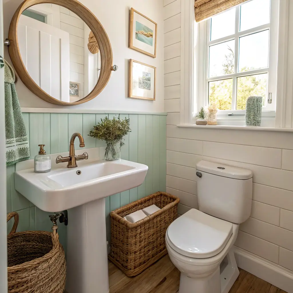 Bright airy coastal powder room with seafoam fish-scale tile, wall-mounted white sink and brass faucet, round oak mirror, pale oak floor, and a small pothos plant.