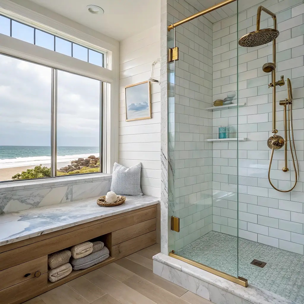 Coastal-inspired shower with frameless glass, white subway tile, pale blue fish-scale niche, marble bench, brass rain shower head, and oak duckboard in soft morning steam.