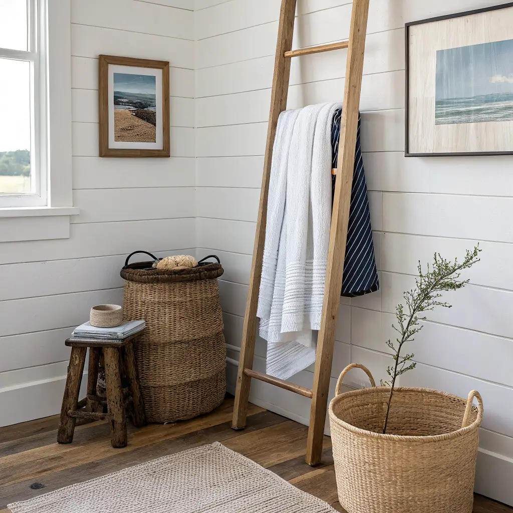 Coastal bathroom vignette with oak ladder holding white waffle and navy pinstriped towels, wicker hamper, teak stool with mug of dune grass, jute rug, and framed ocean photo on warm white shiplap wall.
