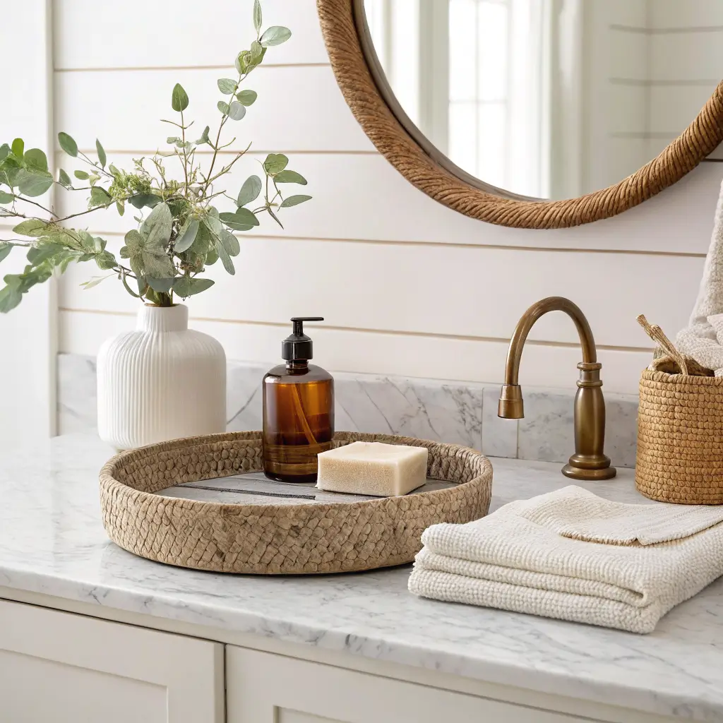 Coastal bathroom vanity with honed marble top, seagrass tray holding soap dispenser and amber bottle, folded oat towel, eucalyptus in bud vase, brass faucet, and round oak mirror in warm afternoon light.