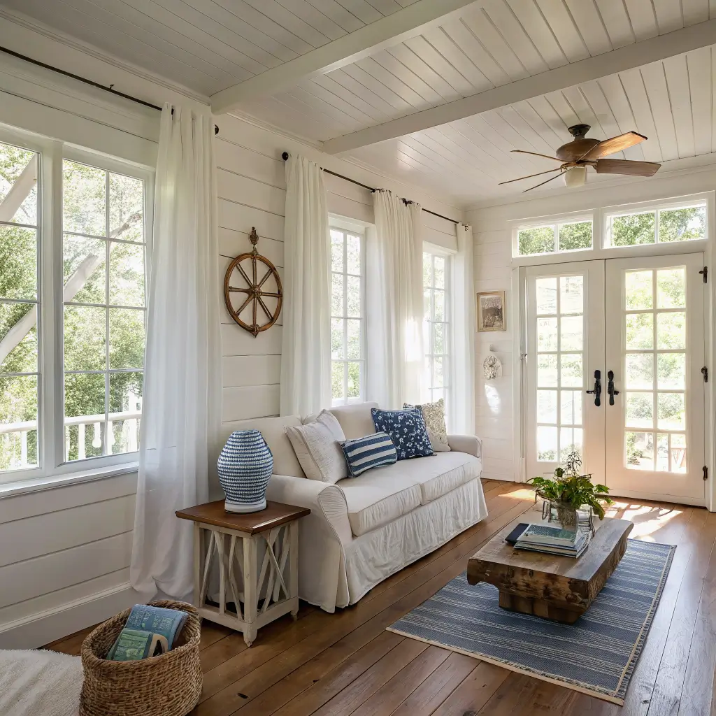 Sunlit open-plan 1940s bungalow living room with white shiplap walls, honey oak floors, ivory slipcovered sofa, jute rug, driftwood round coffee table, and soft eastern light through linen curtains.