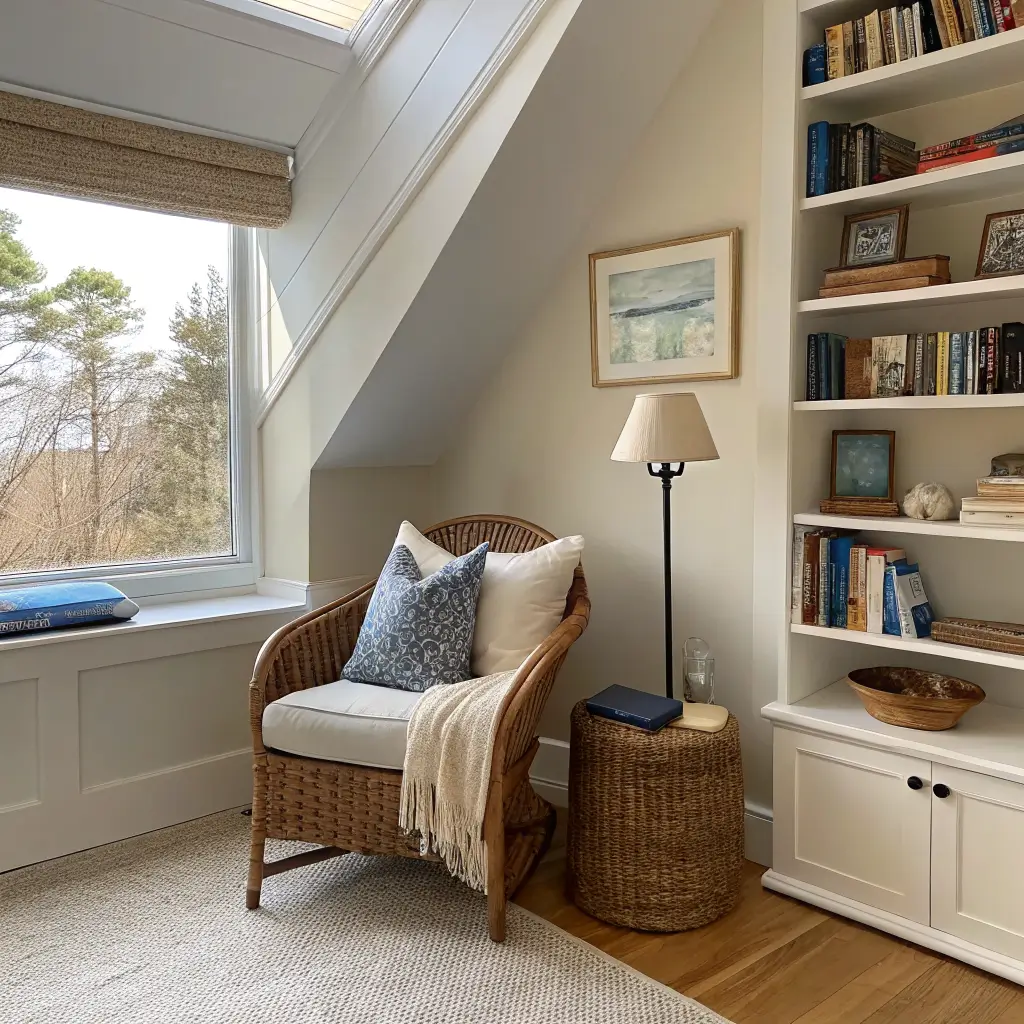 Cozy reading nook under a dormer window with warm beige walls, rattan chair with blue cushion and knit throw, floating shelves of books and ceramics, driftwood side table with brass lamp and eucalyptus, and a jute rug in golden-hour light.