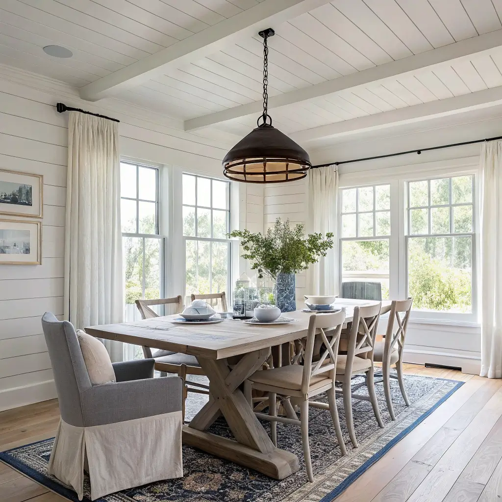 Coastal farmhouse dining area with oak trestle table, driftwood gray Shaker chairs, jute rug, barn pendant light, linen curtains, and weathered sideboard in soft morning light.