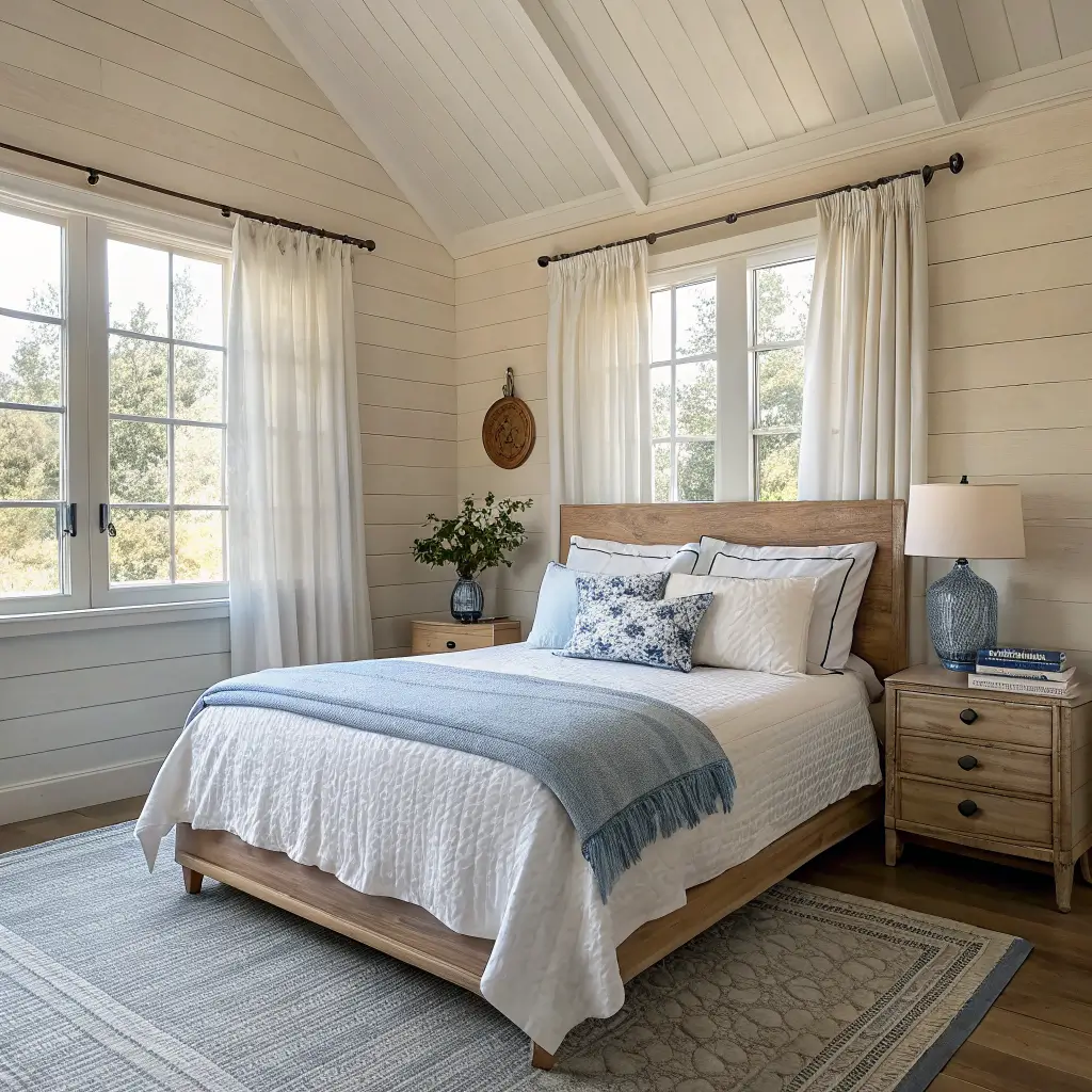 Airy primary bedroom with king oak bed, white linens and blue quilt, driftwood nightstands with brass lamps, layered jute and striped rugs, and cool morning light through sheer curtains.