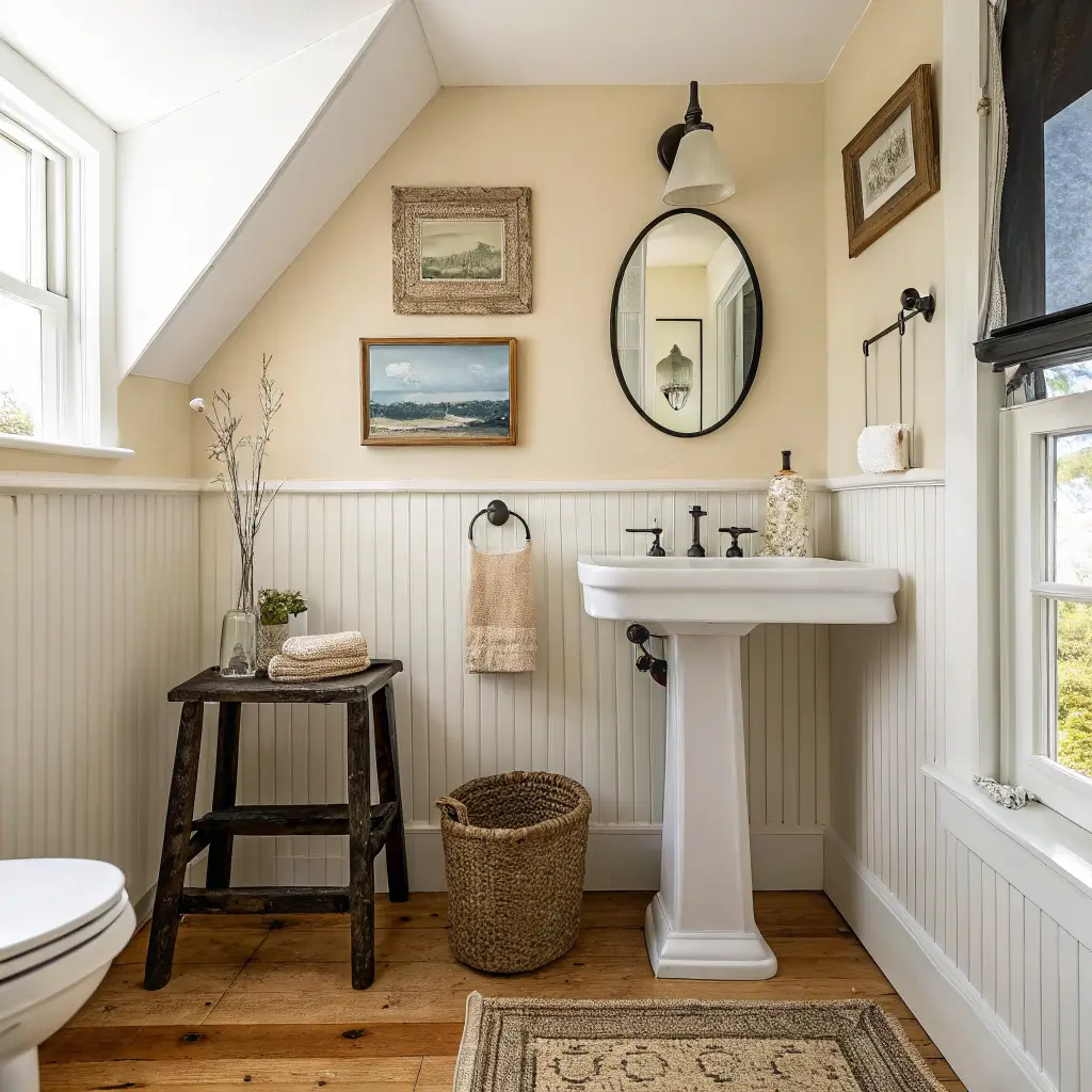 Coastal farmhouse guest bathroom with sand-beige walls, white beadboard, pedestal sink with brass faucet, black round mirror, teak stool with towel, jute runner, and eucalyptus vase in soft skylight.