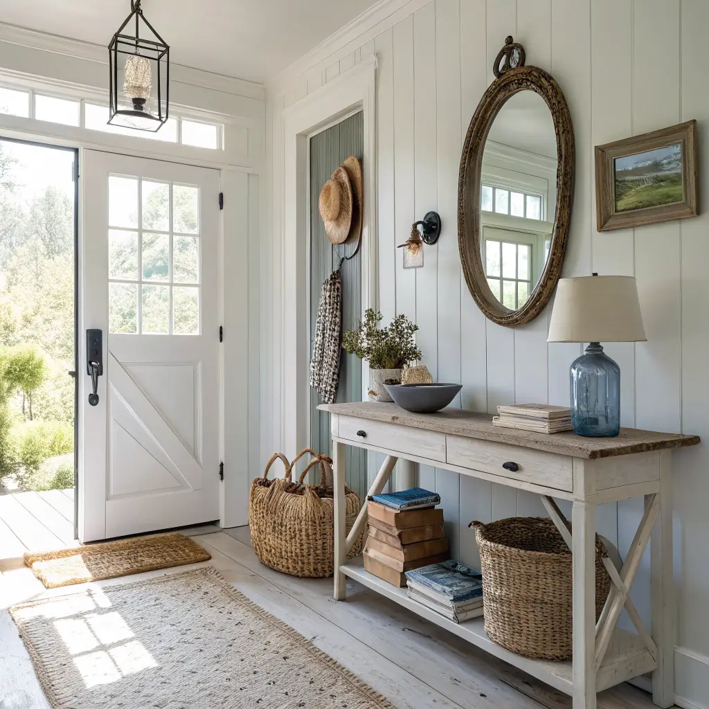 Coastal farmhouse entryway with white shiplap, driftwood console and brass round mirror, black hooks holding a tote and straw hat, jute runner on honey oak floor in warm daylight.