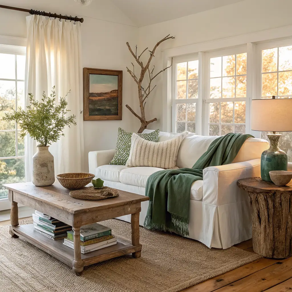 Coastal farmhouse fall living room with ivory slipcovered sofa, green and oatmeal pillows, chunky knit throw, weathered oak coffee table with driftwood vase, dune print, ceramic bowl, layered jute and striped rugs, and warm amber light through linen curtains.