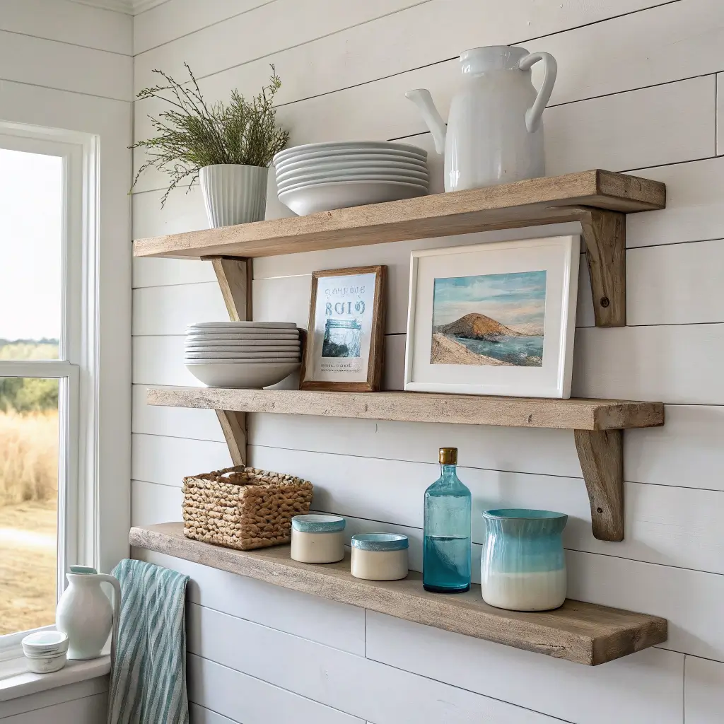 Coastal farmhouse kitchen shelves on a white shiplap wall with ivory plates, cutting board and sea grass watercolor, gray pitcher, amber jars, blue bottle, linen towel, brass sconce glow, and a honey oak counter with a basket of lemons.
