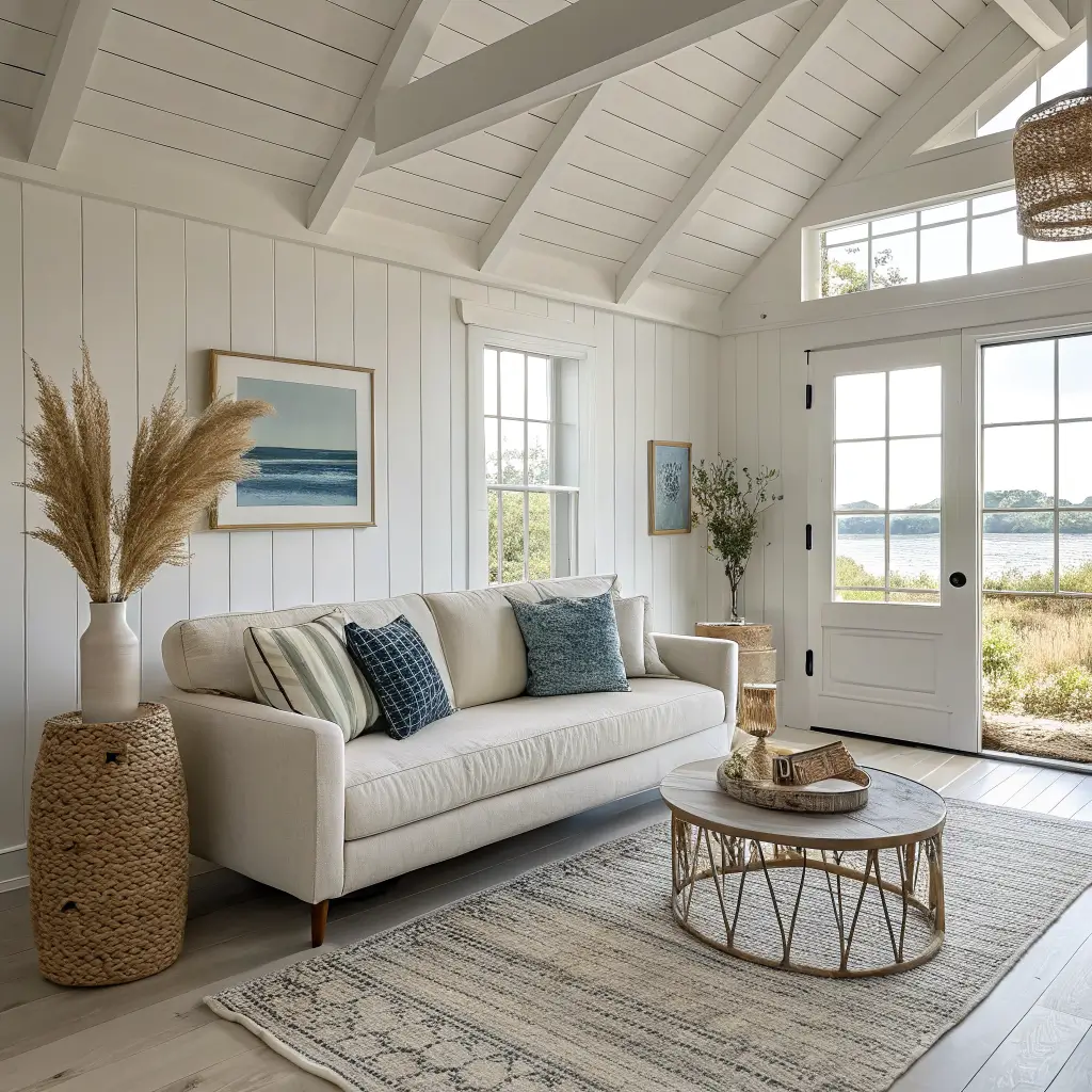 Scandi-coastal farmhouse living room with ivory linen sofa, blue and oatmeal pillows, driftwood round table with vase, jute rug, rattan chair, black arc lamp, and minimal seascape art in cool daylight.