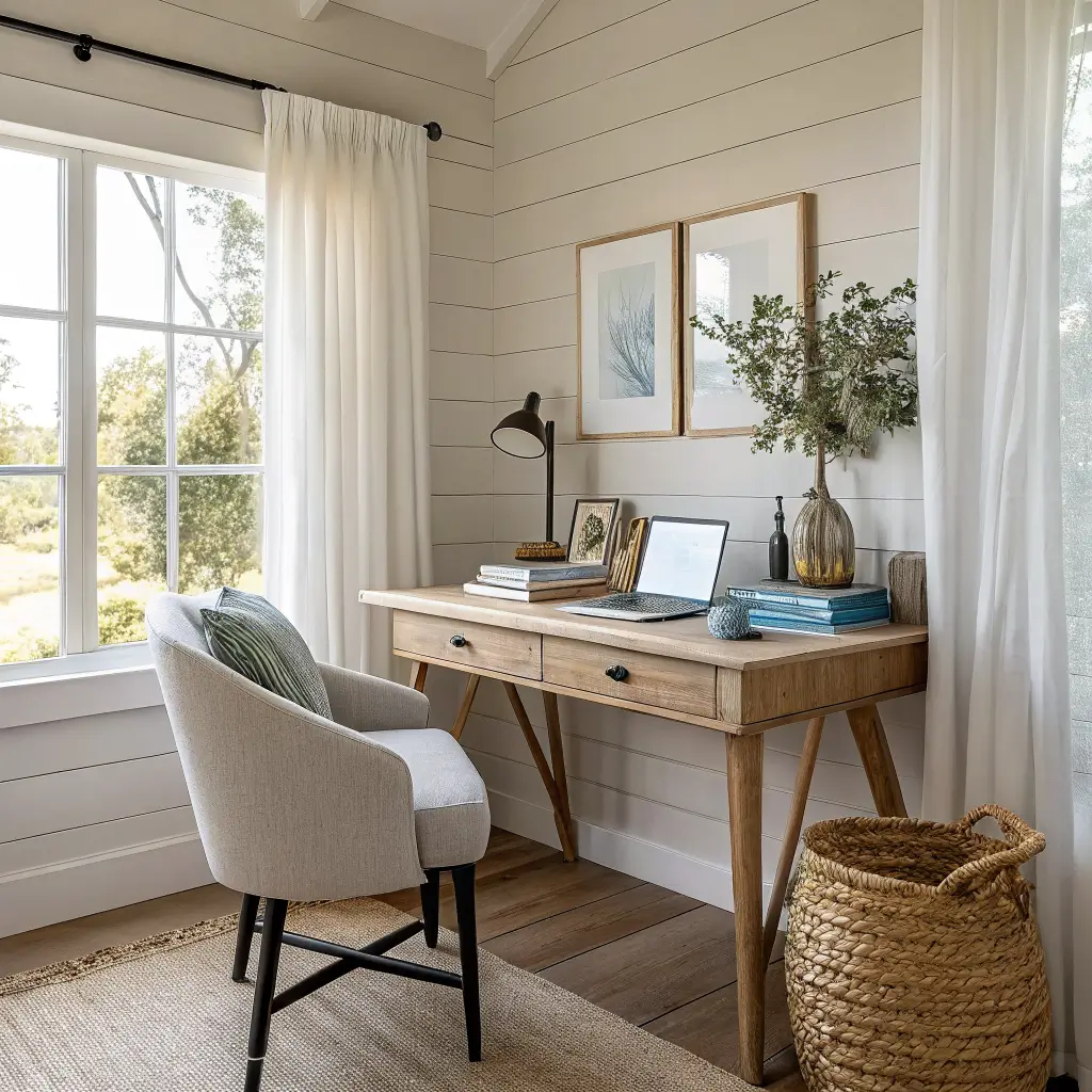 Coastal farmhouse home office nook with light oak desk, rattan chair, shiplap accent, jute rug, and morning light through white linen curtains.