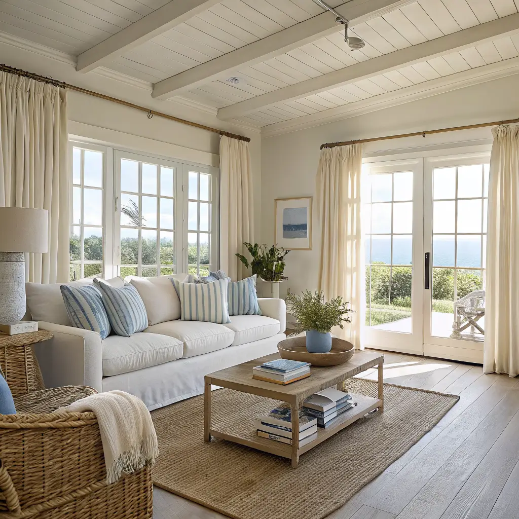 Sunlit modern coastal living room with beige linen sofa, jute rug, whitewashed oak coffee table, rattan chair, and kentia palm by sheer linen curtains.