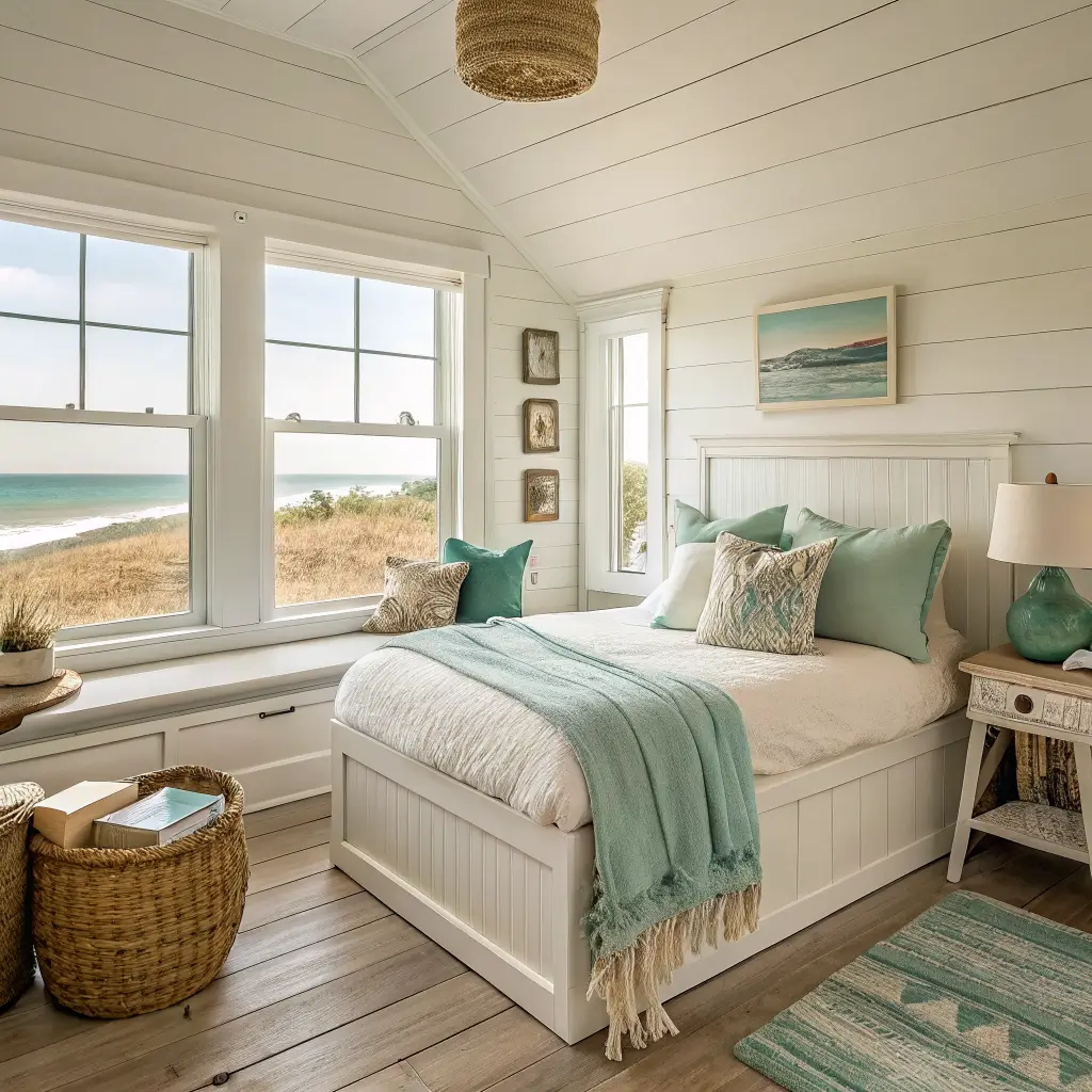 Coastal reading nook with cream linen daybed, sea-glass and aqua pillows, pale oak floors, rattan table with ceramic lamp and books, sheer linen curtains, and a leaning foggy-coast photo in soft morning light.