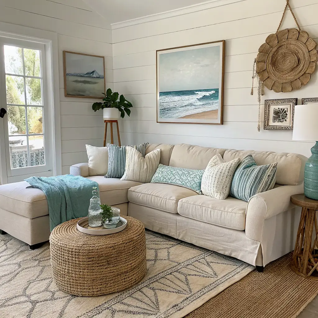 Cozy coastal living corner with beige linen sofa, mismatched cream and aqua pillows, jute rug, round whitewashed coffee table, framed abstract seascape, and thrifted sand-filled apothecary jar on a rattan console in warm Sea Salt walls.