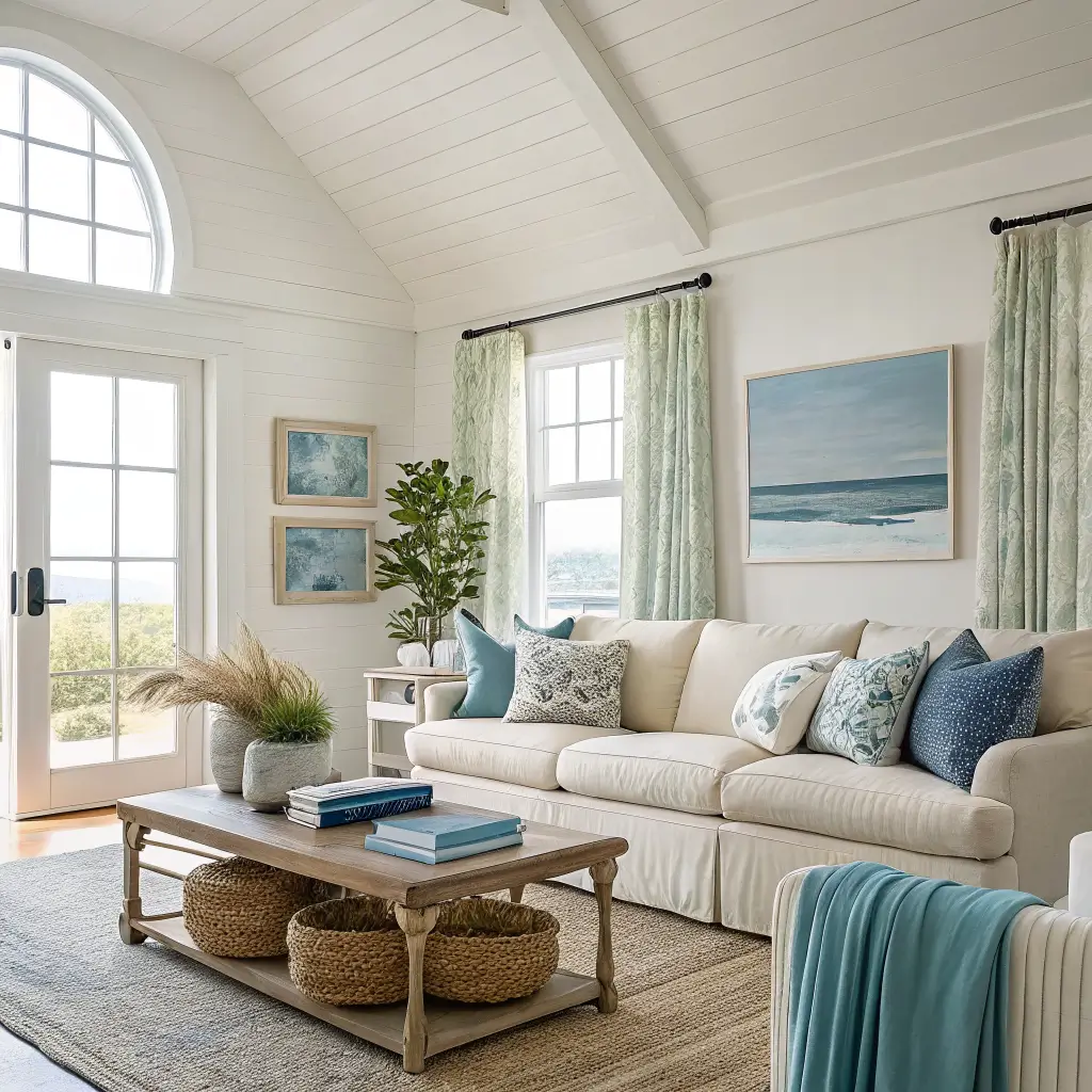 Coastal living room palette study with warm white walls, beige sofa, blue-green pillows, jute rug, whitewashed oak table, coral vase, olive and dune grass in pots, lit by midday side light.