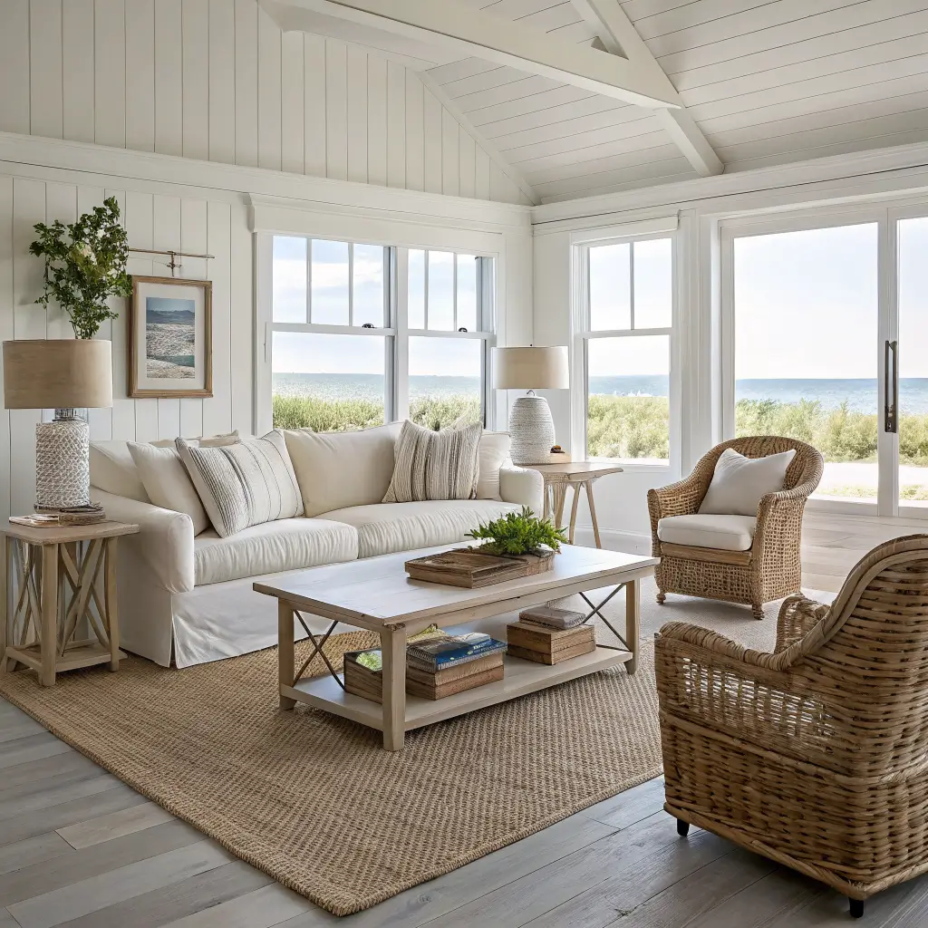 Coastal living room with sand slipcovered sofa, rattan chair, whitewashed oak coffee table on jute rug, rope-wrapped lamp, and oatmeal curtains in soft daylight